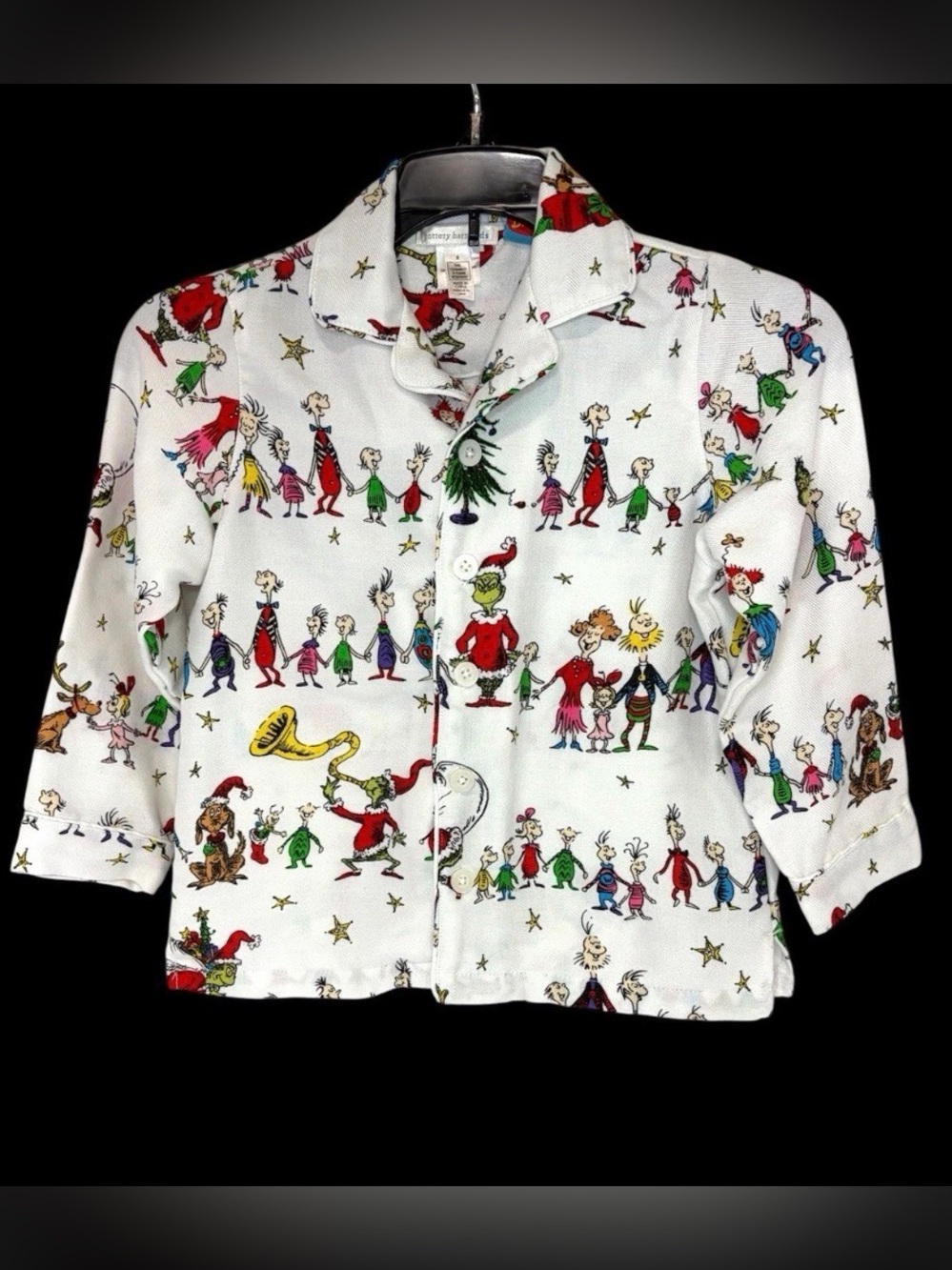 Pottery Barn Kids Dr Seuss Grinch Flannel Pajama Top Sz 6 Long Sleeves Buttons